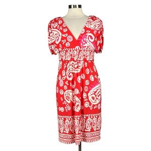 Muse Womens Coral Paisley Print Flutter Sleeve Dress Smocked Waist size 8